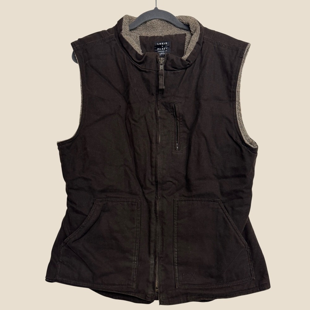 Lakin McKey Mens XL Dark Brown Utility Chore Vest Cotton Shell Faux Sherpa Lined